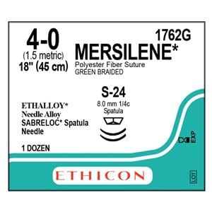 Mersilene Suture 4-0 18" Polyester Braid S-24/S-24 Green 12/Bx