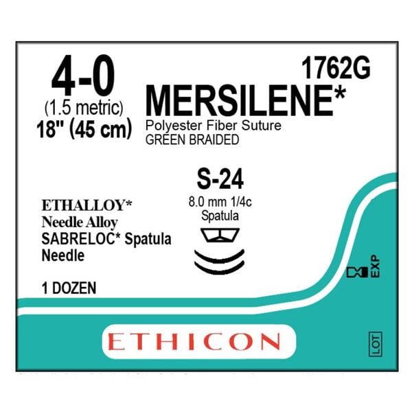 Mersilene Suture 4-0 18" Polyester Braid S-24/S-24 Green 12/Bx