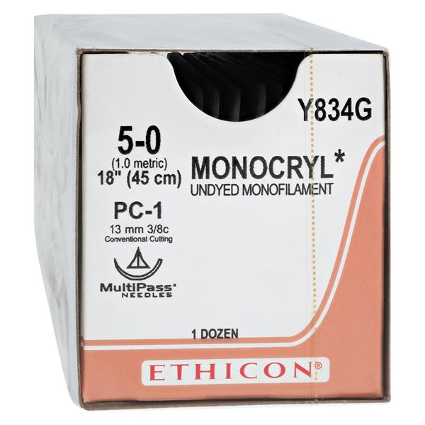 Monocryl Suture 5-0 18" Poliglecaprone 25 Monofilament PC-1 Undyed 12/Bx