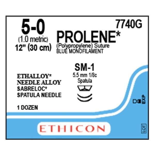 Prolene Suture 5-0 1x12" Polypropylene Monofilament SM-1/SM-1 Blue 12/Bx