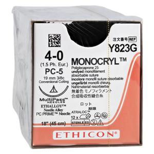 Monocryl Suture 4-0 18" Poliglecaprone 25 Monofilament PC-5 Undyed 12/Bx