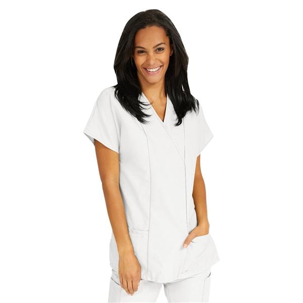 Scrub Shirt V-Neck Tunic 2 Pockets Short Sleeves Medium White Ea