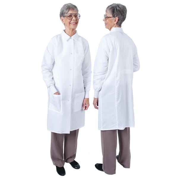 DenLine Protection Plus Lab Coat 3 Pkts Lng Tprd Slvs 39 in Large Wht Womens Ea