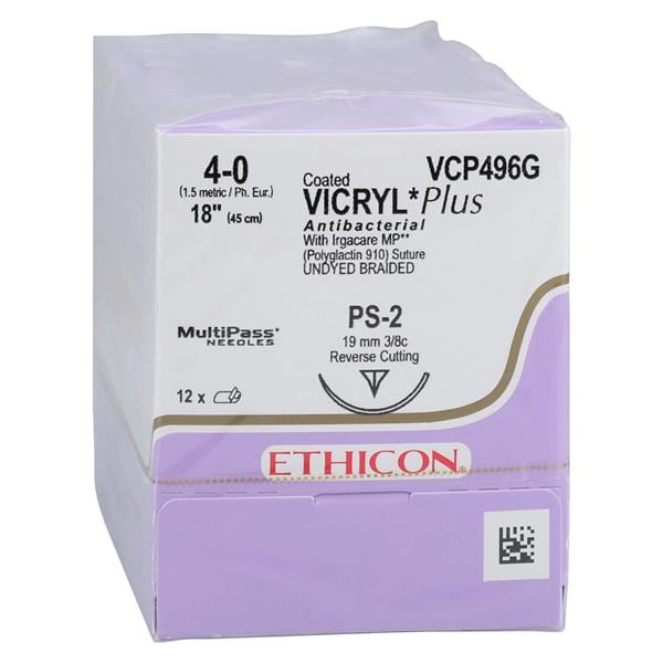 Vicryl Plus Suture 4-0 18" Triclosan/Polyglactin 910 Braid PS-2 Undyed 12/Bx