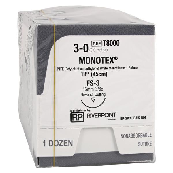 Monotex Suture 3-0 18" Dense Polytetrafluoroethylene Monofilament FS-3 Wht 12/Bx