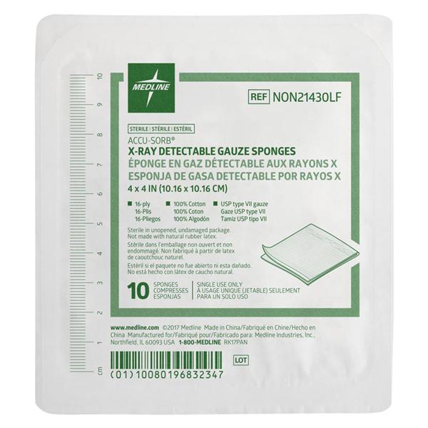 Cotton Gauze Sponge 4x4" 16 Ply Sterile X-Ray Detectable LF