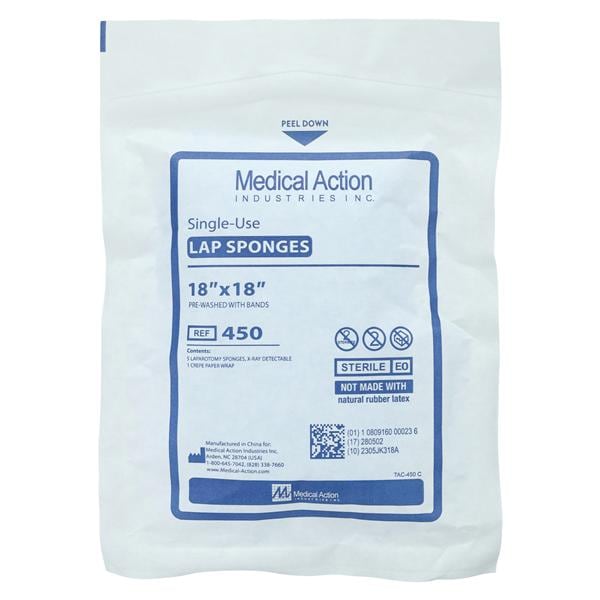 Sponge Laparotomy Sterile 1% Cotton 18x18" X-Ray Detectable Pre-Washed 200/Ca