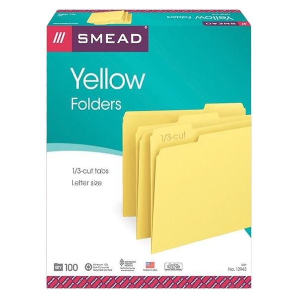 Smead Color File Folders Letter Size 1/3 Cut Yellow 100/Box 100