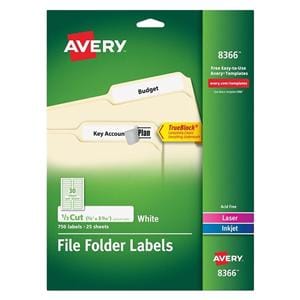 Permanent File Folder Labels, 2/3" x 3 7/16", White 750/Pk