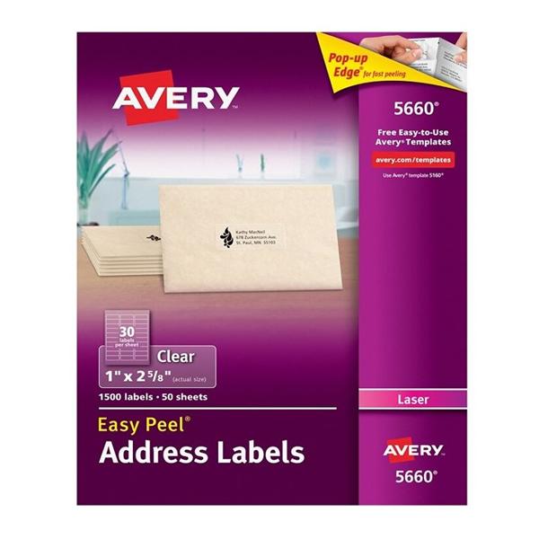 Avery Clear Laser Address Labels 1 in x 2 5/8 in 1500/Pack 1500/Bx