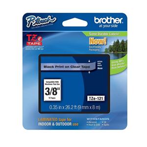 Brother TZe-121 Black-On-Clear Tape 0.38" x 26.2' 1/PK