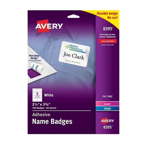 Avery Flexible Name Badge Label 2 1/3 in x 3 3/8 in White 160/Box 160/Pk