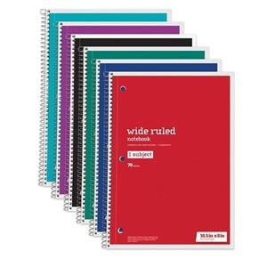 Wirebound Notebook 1 Subject Wide Ruled 70 Sheets Asst 6/Pack Pg 6/Pk