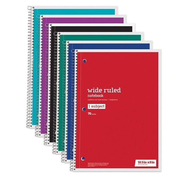 Wirebound Notebook 1 Subject Wide Ruled 70 Sheets Asst 6/Pack Pg 6/Pk