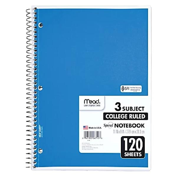 Mead 3 Wirebound College Rule Notebook Spiral 8.5 x 11" White Paper Ea