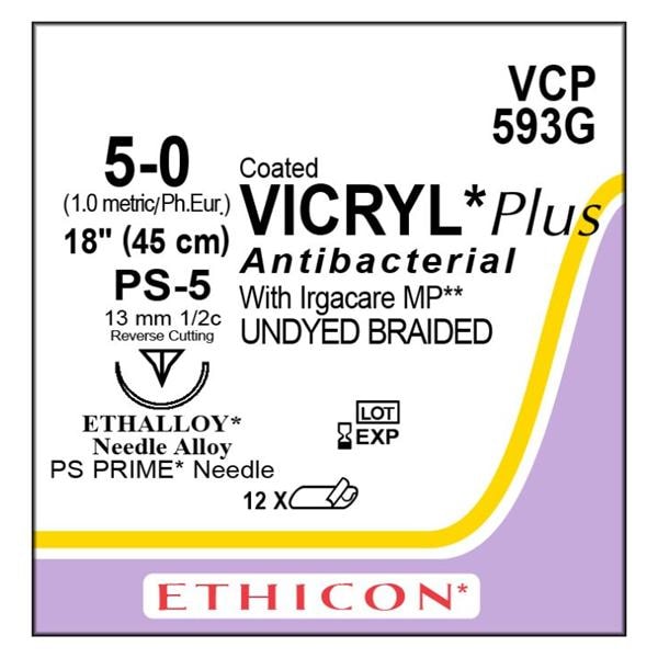 Vicryl Plus Suture 5-0 18" Triclosan/Polyglactin 910 Braid PS-5 Undyed 12/Bx